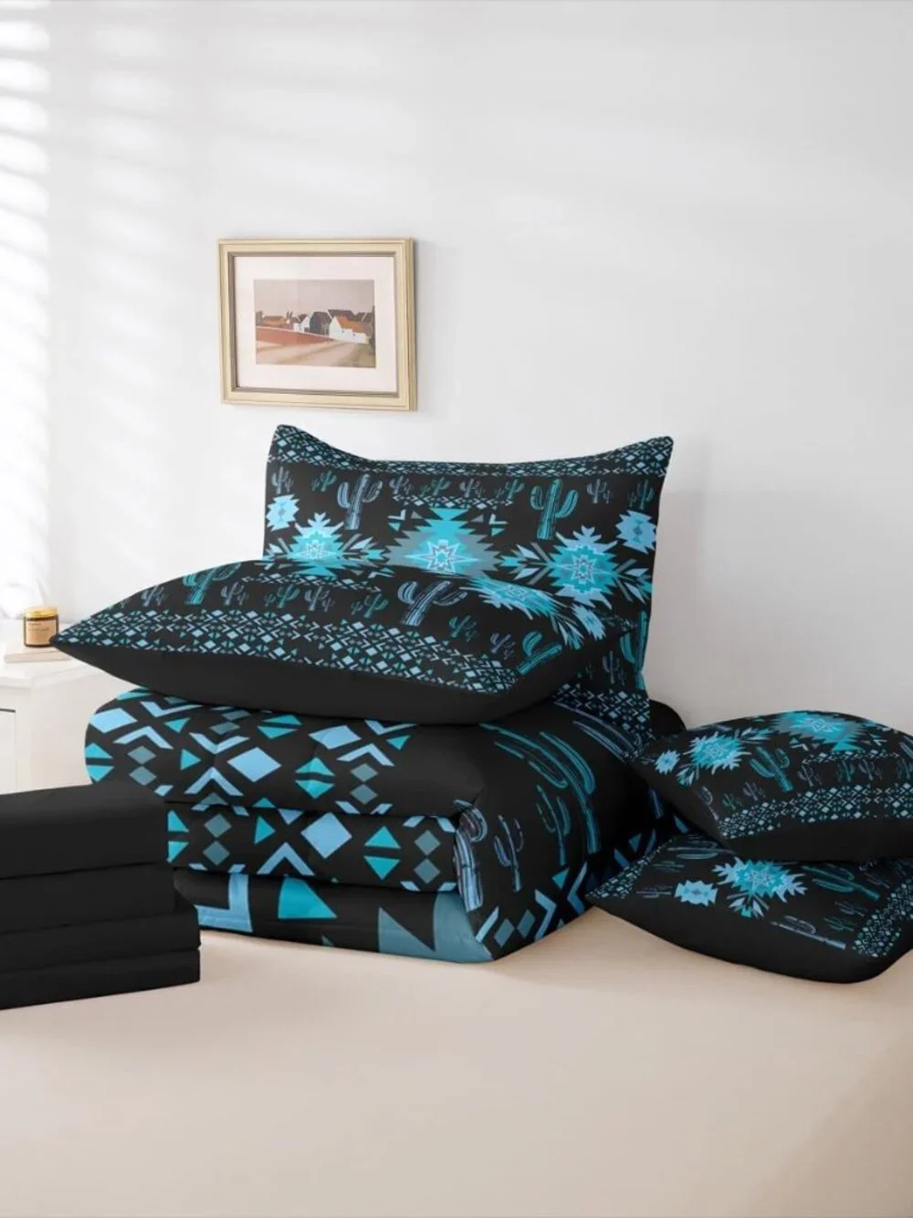 Black Southwestern Aztec Comforter Set with Sheets for Kids Boys Girls Geometric